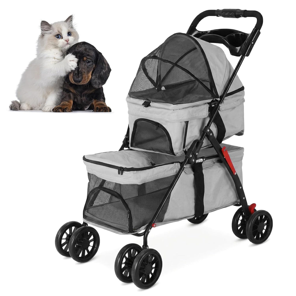Double Pet Stroller for Cats and Dogs, 2-in-1 Lightweight Foldable Travel Cart with Cup Holder and Foot Brake, Double Do