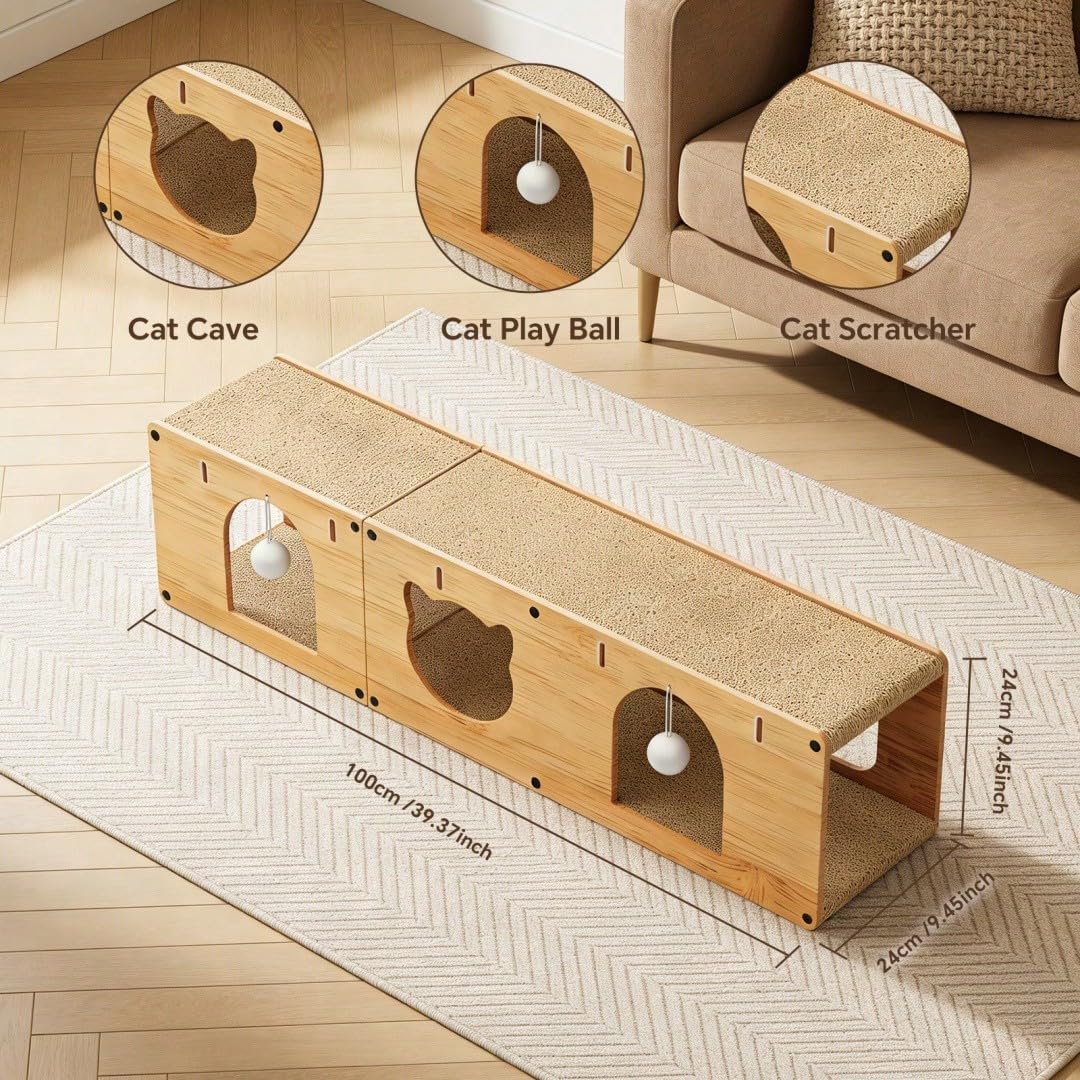 Cat Scratcher Bed, Wooden Extra Long 100cm Tunnel Hideout with Play