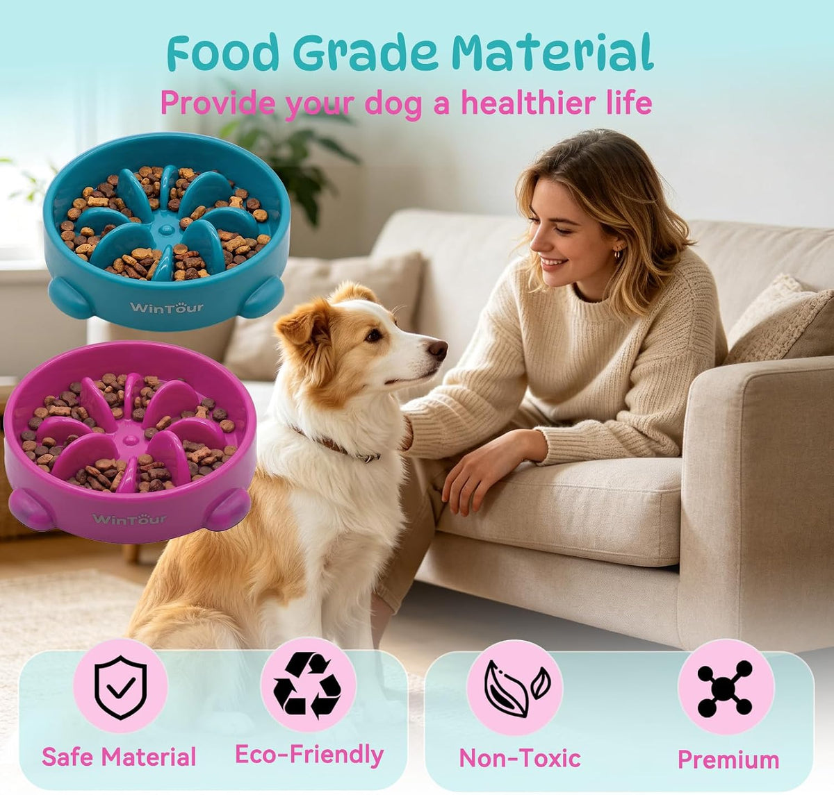 WinTour 2 Pack Slow Feeder Dog Bowls, BPA Free, Medium & Small Dog Bowls