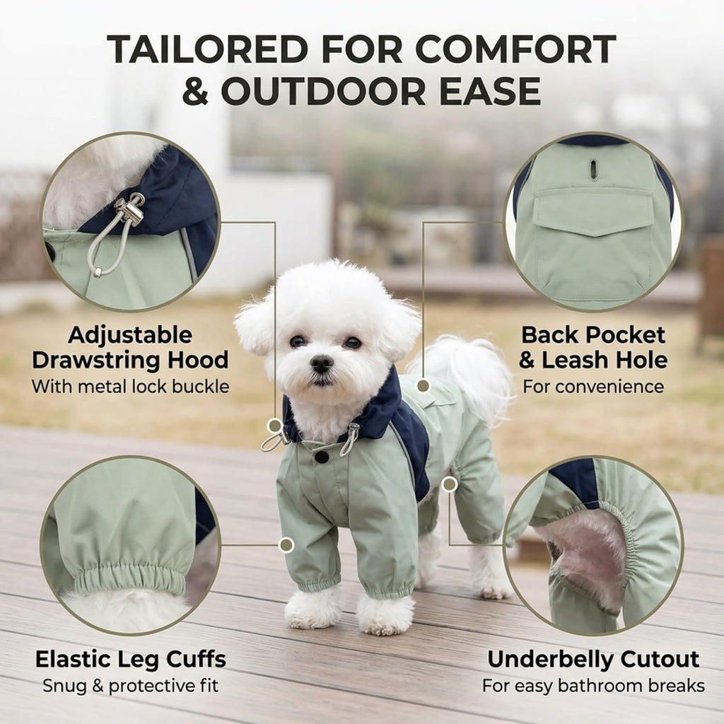 Pet Waterproof Raincoat Four-Legged Windproof Dog Jacket Hooded Jumpsuit for Small Medium Pets (Green,S)