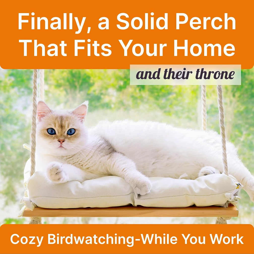 Cat Window Perch with Industrial-Grade Suction Cups - Solid Pine Wood Hammock Bed, Soft Cushion - 42 lb Capacity for Cat