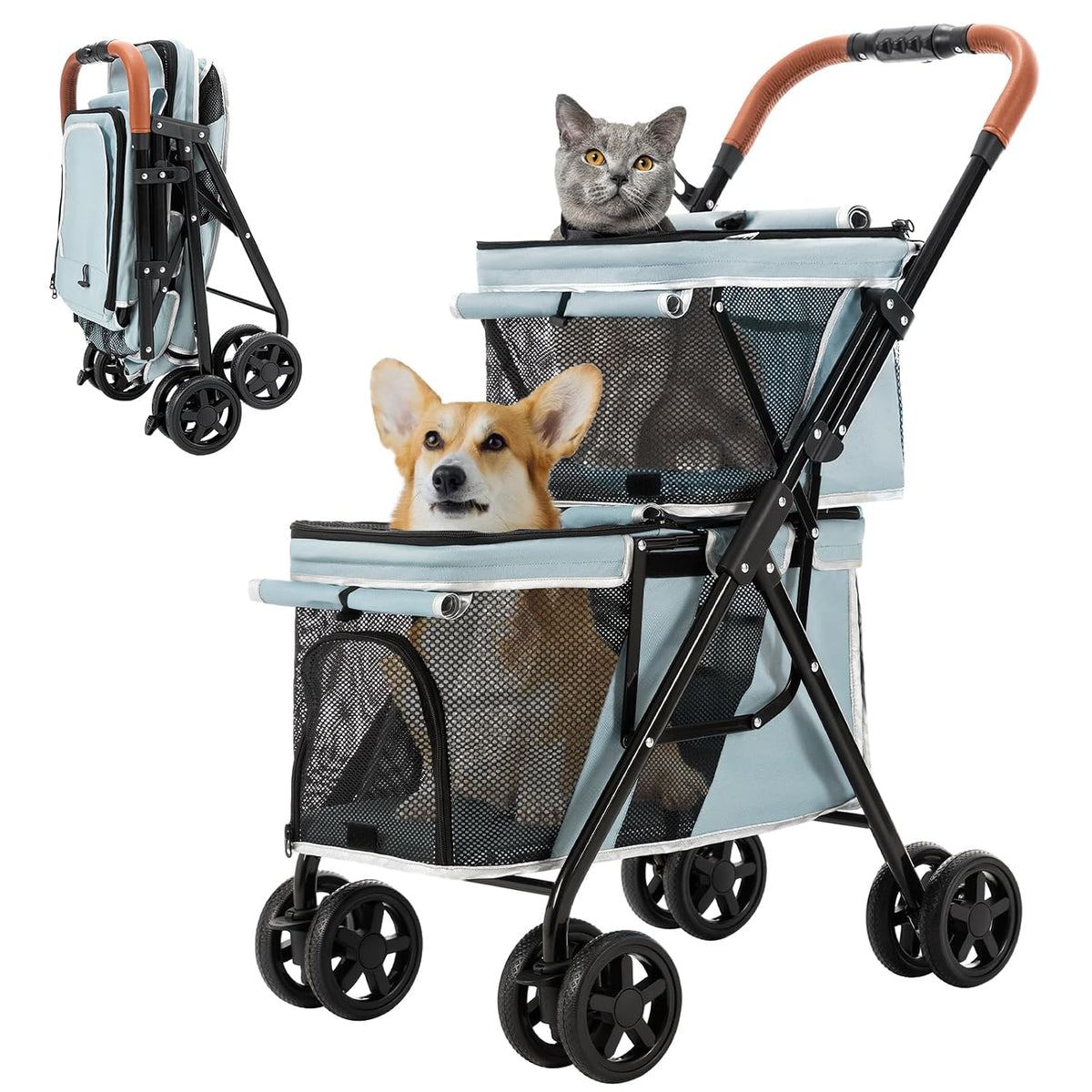 Double Pet Stroller for 2 Dogs & Cats, Double-Decker, Blue