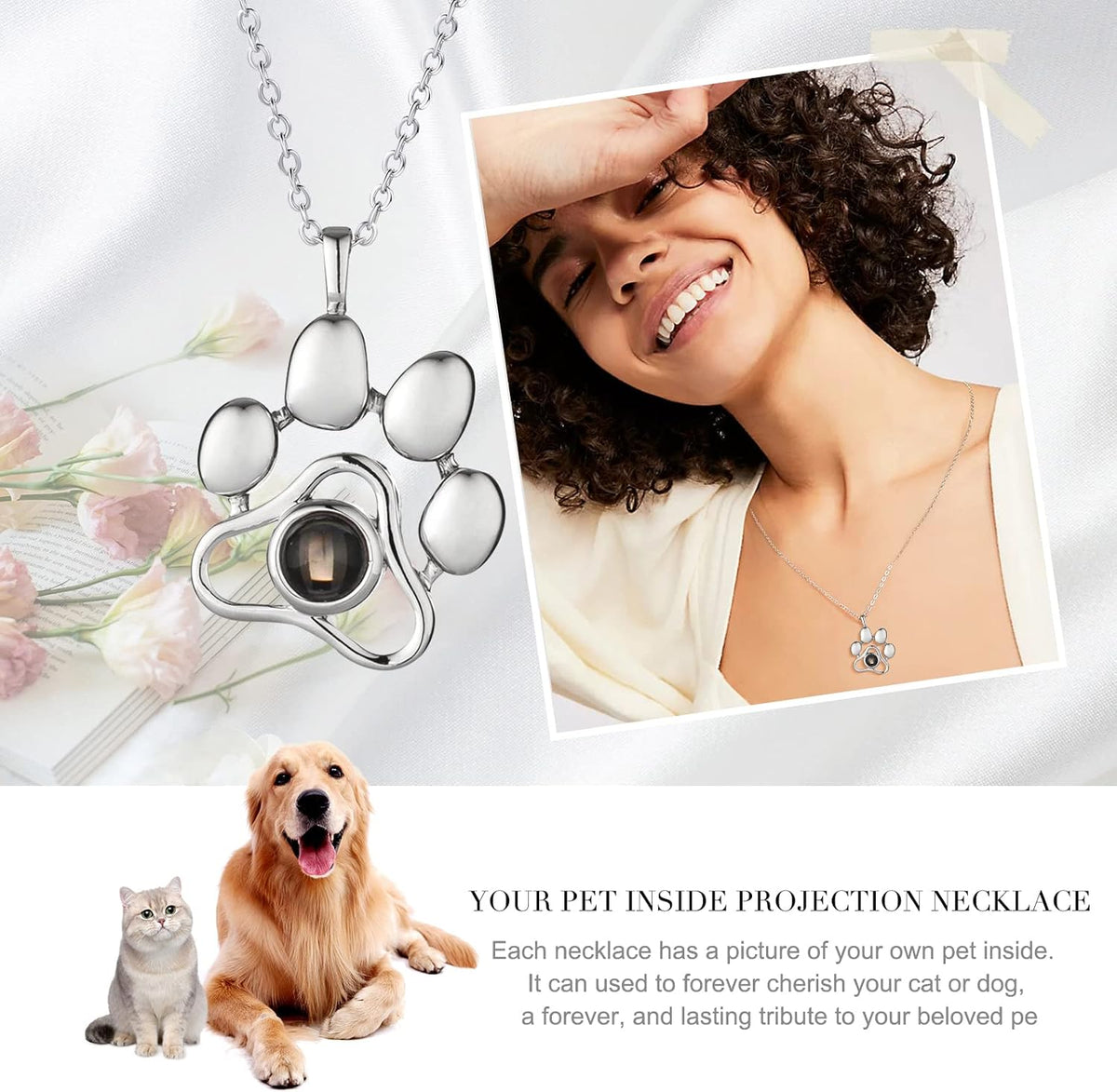 OPALSTOCK Personalized Pet Photo Necklace, Custom Photo Charm Projection Necklace Dog Cat Paw Pendant Pet Memorial Jewel