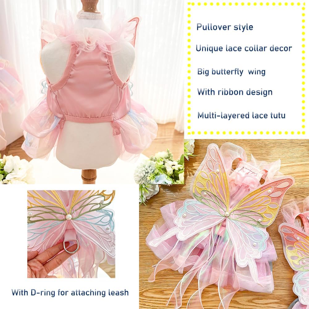Butterfly Dog Costume - Pink Dress with Leash Ring for Small Dogs & Kittens - Lolita Puppy Clothes for Girl Dogs & Cats 