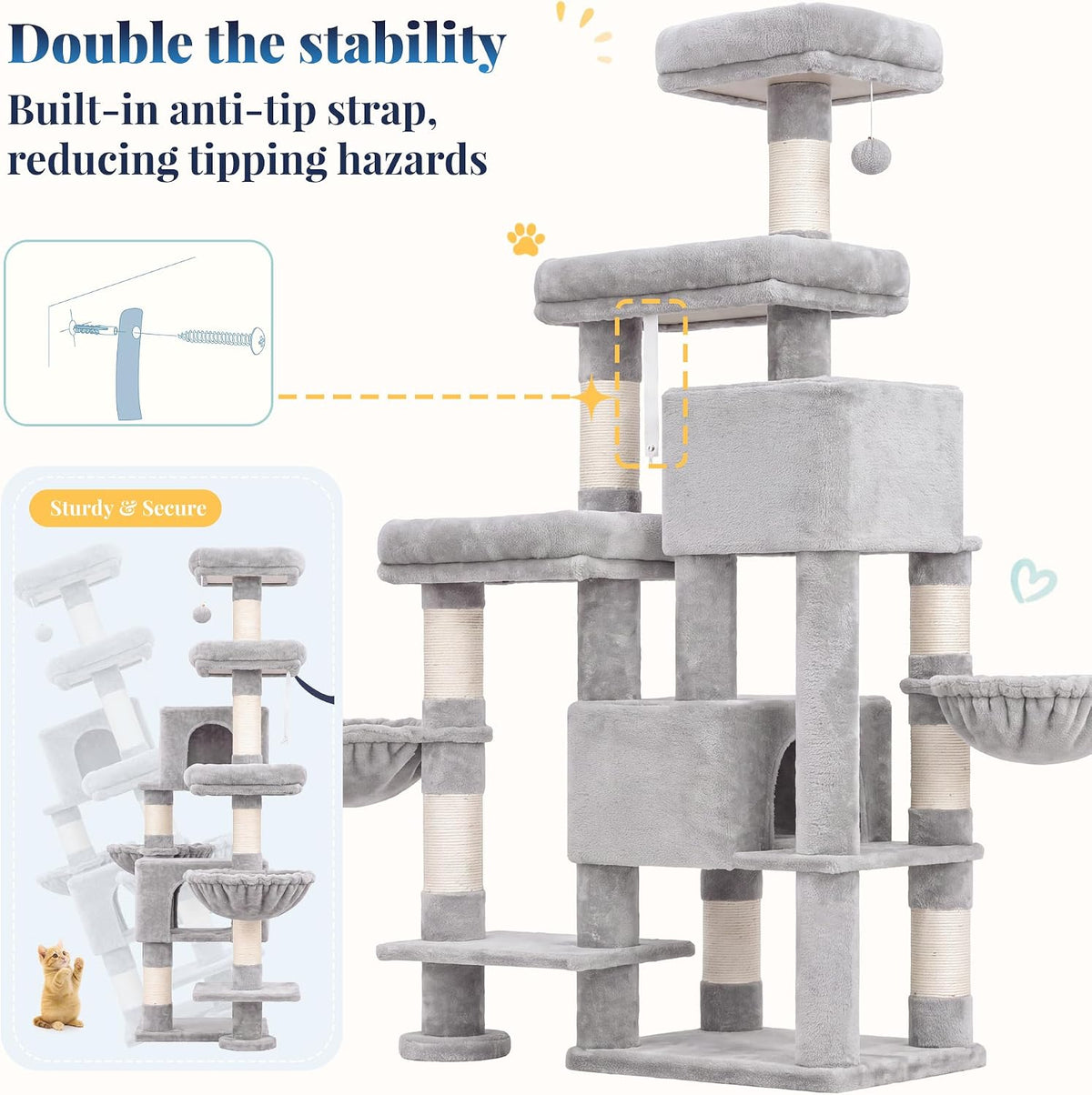 Hey-brother Cat Tree Tower with Stable Extended Base, 3 Platforms, MPJ038W