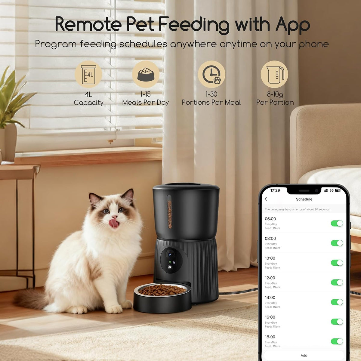 Faroro Automatic Cat Feeder with Camera, 1080P HD Video with Night Vision, 5G WiFi Automatic Dog Feeder with APP Control