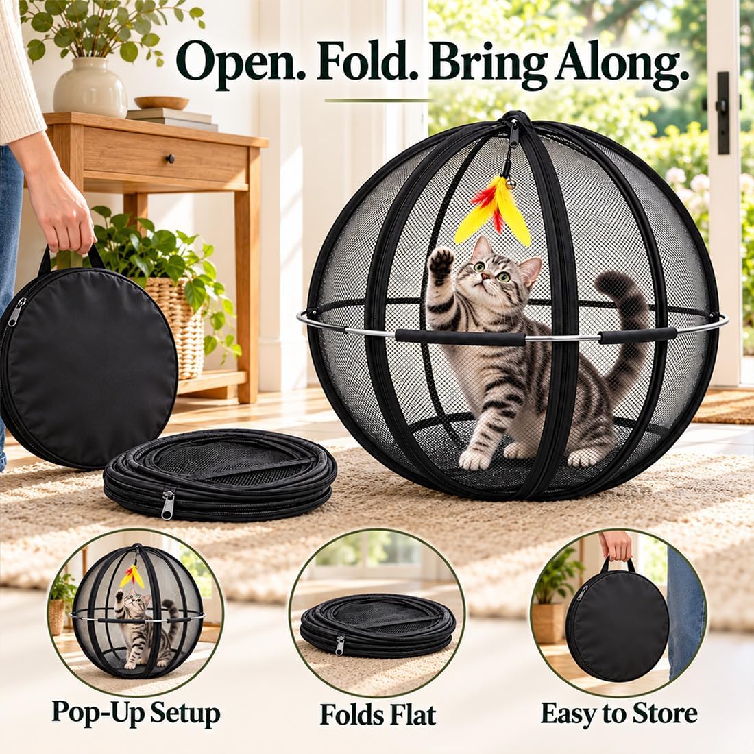 Rolling Cat Hamster Ball for Outside, Giant Mesh Cat Ball Cage Playpen，Blac