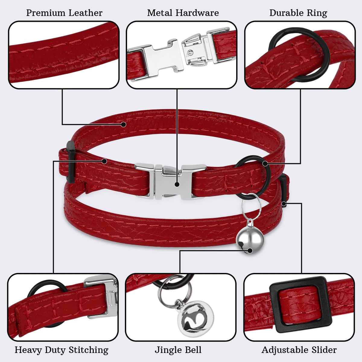 Leather Cat Collar with Buckle and Removable Bell - Non Breakaway Adjustable Soft Safety Small Pet Collars for Girl Boy Cats Kitten (Red)