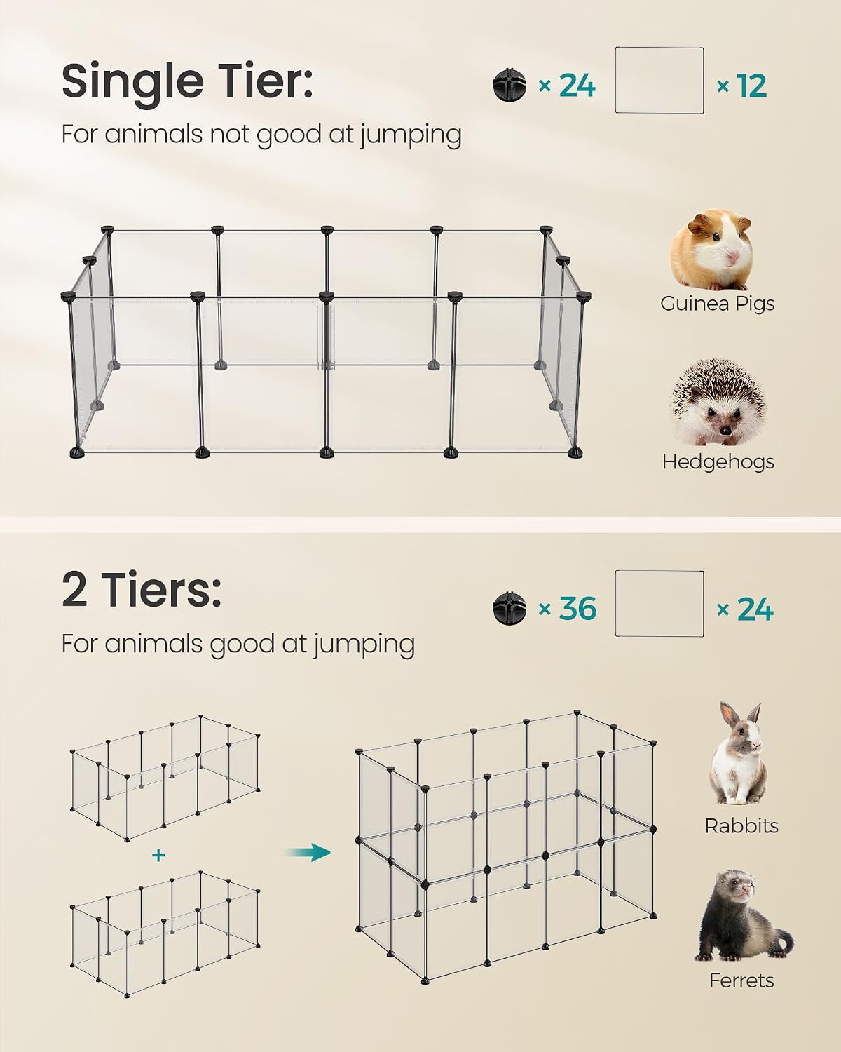 SONGMICS Pet Playpen, Clear Plastic Modular Enclosure, DIY Indoor Fence