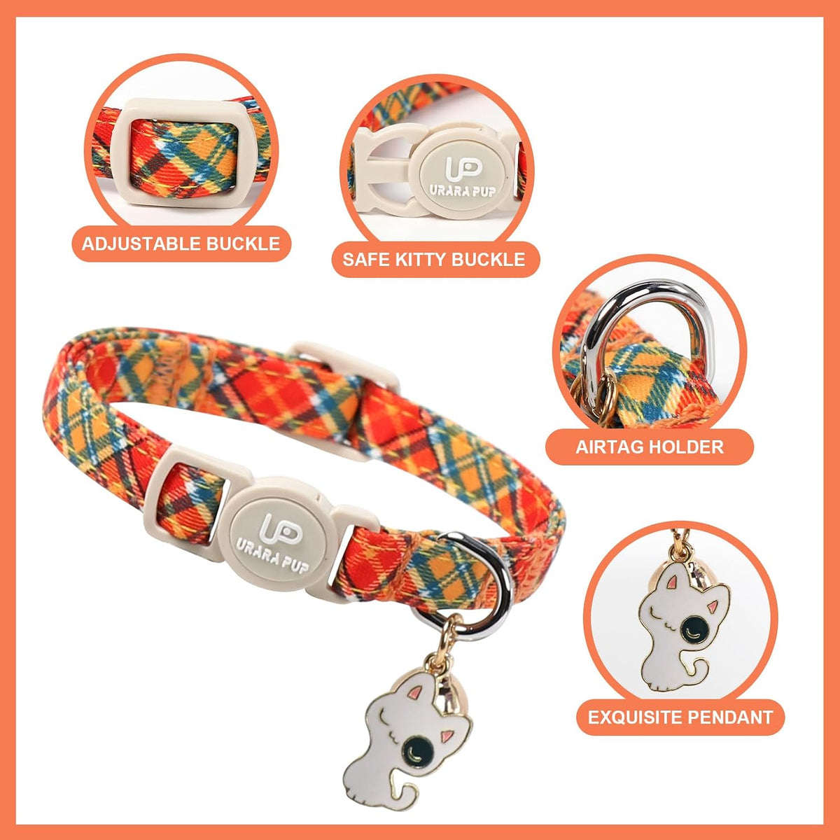 Cat Collar-2Pack Autumn Orange Plaid Kitten Collars-Halloween Plaid Breakaway Kitty Collars-Cute Kitty Pendants,Yellow O
