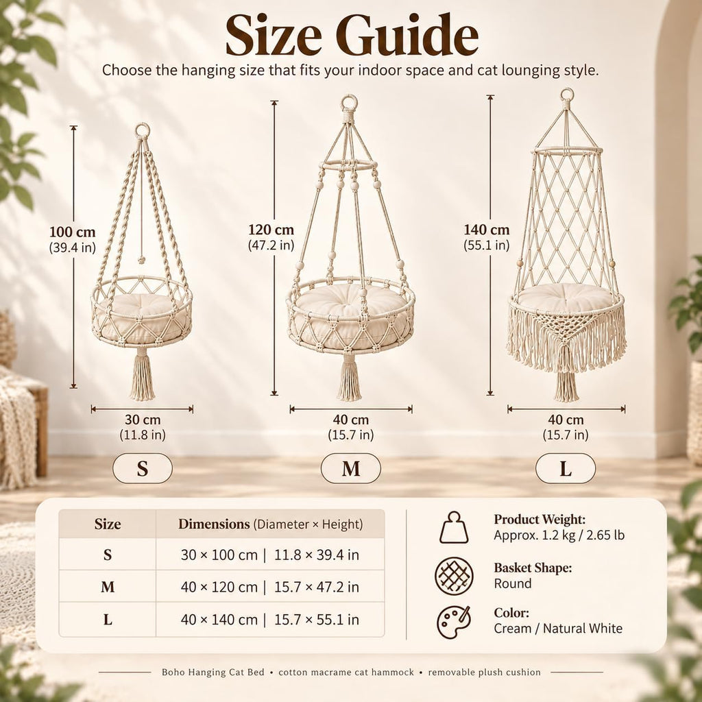 12-16in Boho Hanging Cat Hammock with Removable Plush Cushion (C, 16 * 48in)