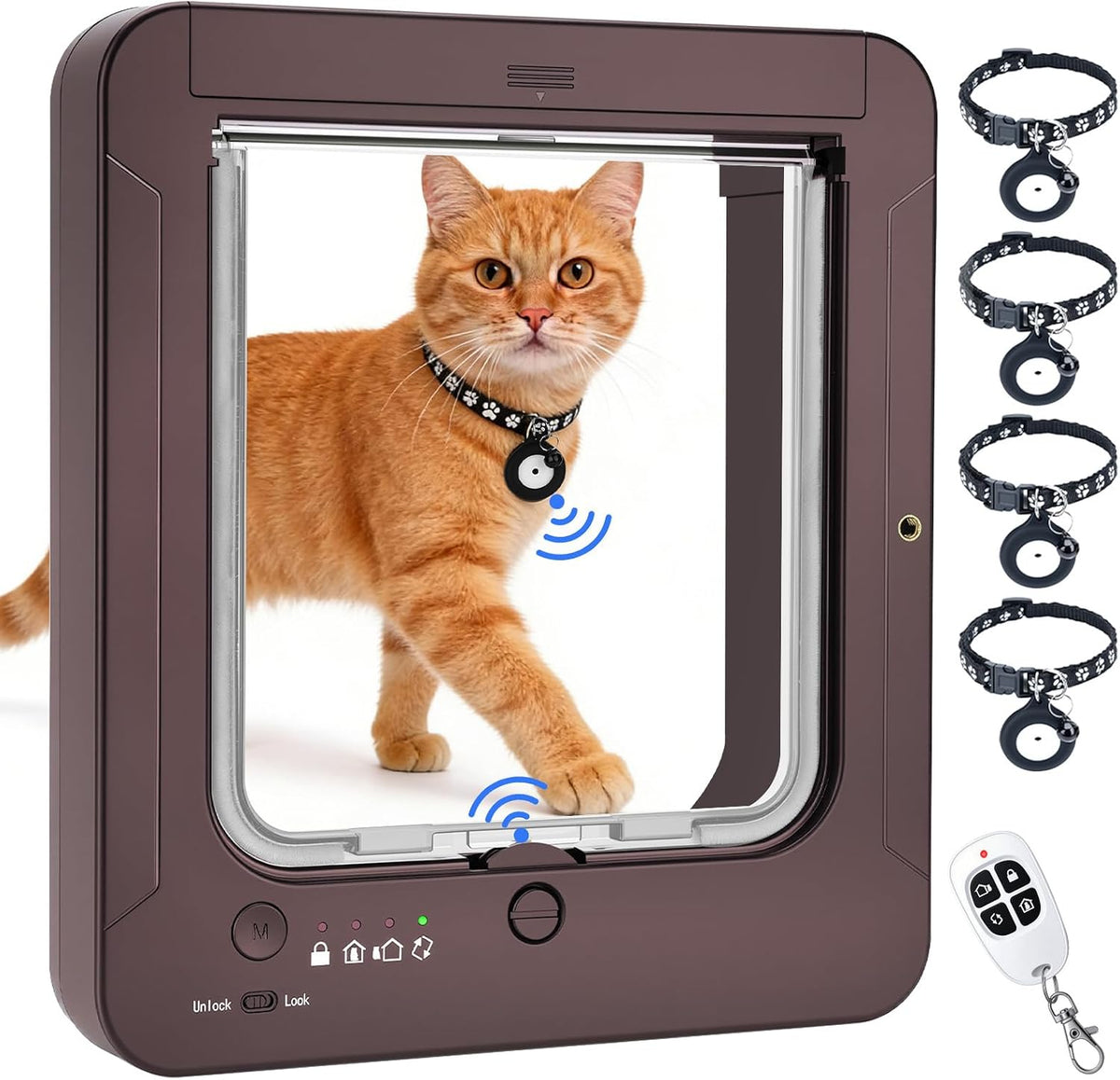 Smart Cat Door with 4 Collar Sensor Key, RFID Cat Door Collar Activated with Remote Control, 4 Way Locking Cat Flap Auto