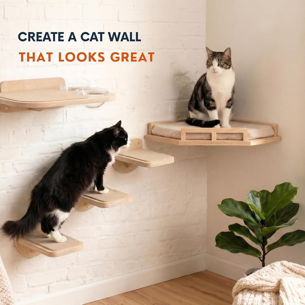 INICIO Cat Wall Steps - 3 Pack of Stairs for Cats to Climb - Natural Wood