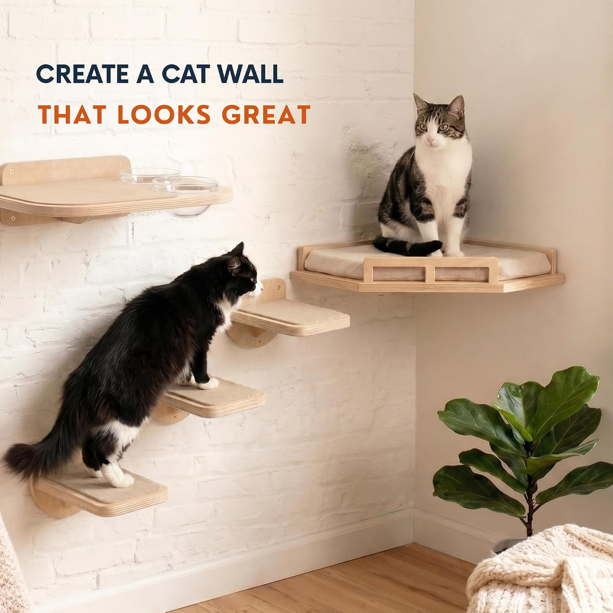 INICIO Cat Wall Steps - 3 Pack of Stairs for Cats to Climb - Natural Wood