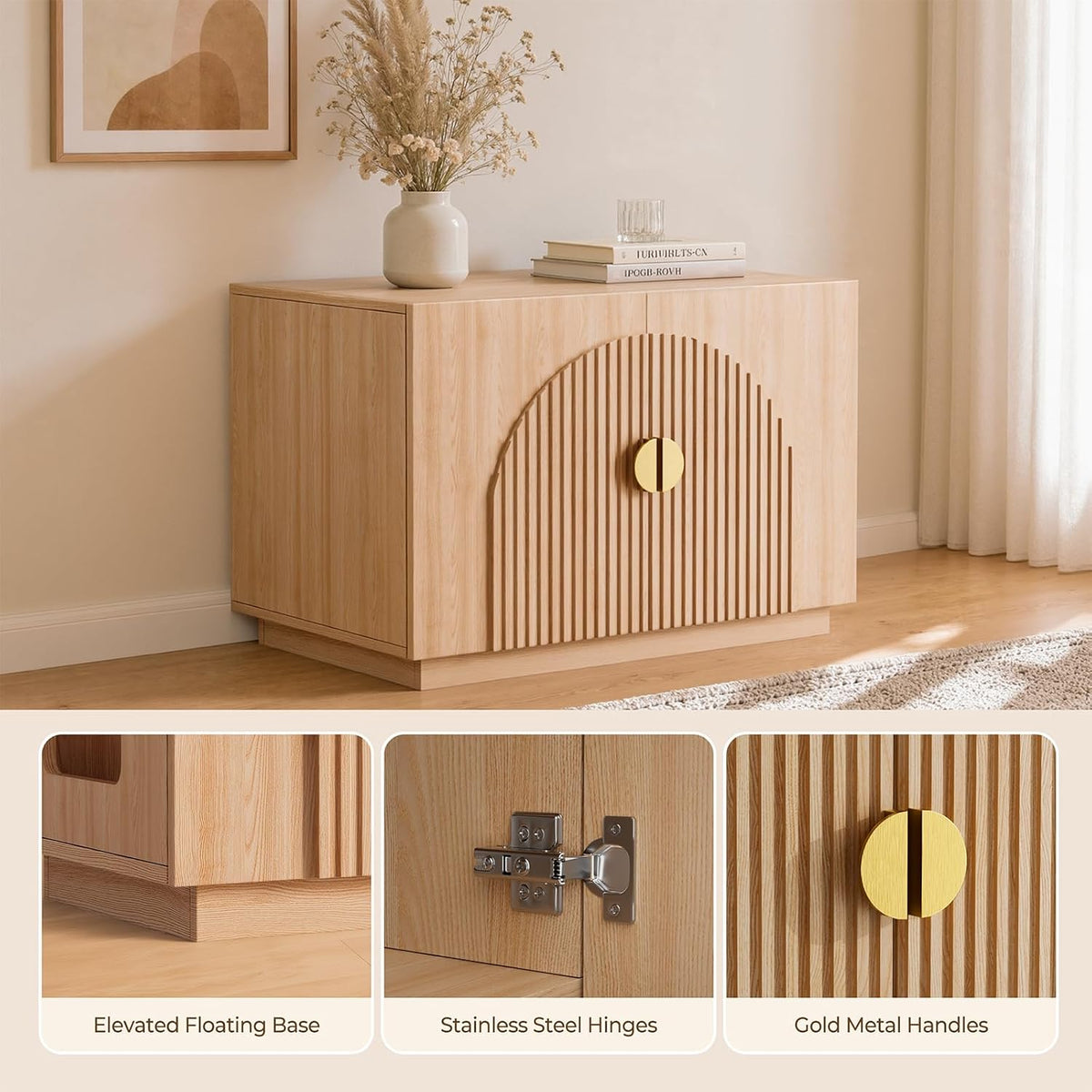 Amunrbrek Cat Litter Box Enclosure Furniture, 31.5" Arched Fluted Cabinet