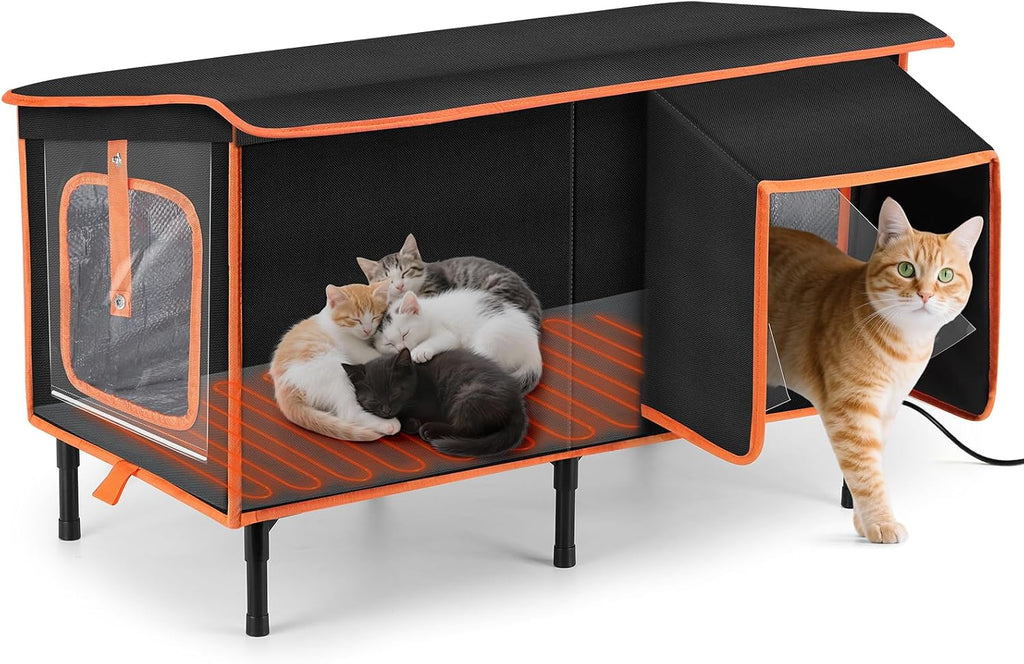 Heated Cat House for Outside in Winter, Weatherproof Outdoor Cat House with Cat Heating Pad, Waterproof &Safe Escape Doo