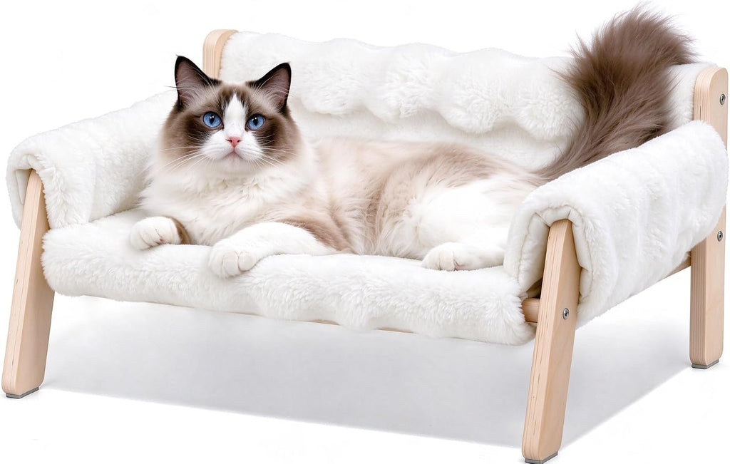 Elevated Cat Couch Bed for Indoor Cats - Wooden Cat Sofa with Removable Washable Cover, Cat Bed Furniture Raised Lounge 