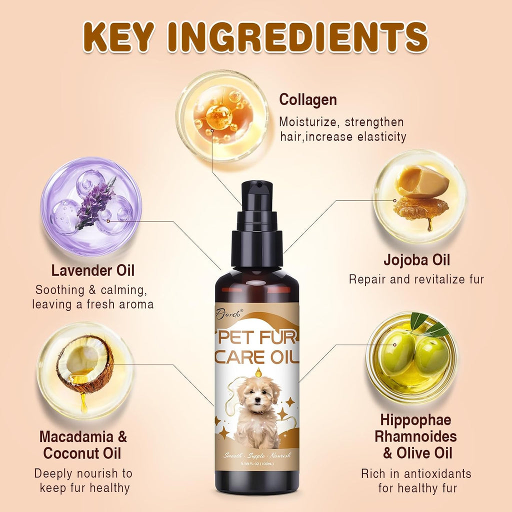 Pet Fur Care Oil for Dogs & Cats, 3.38 FL OZ Natural Oils with Collagen for Detangles, Reduces Shedding, Shiny & Silky C
