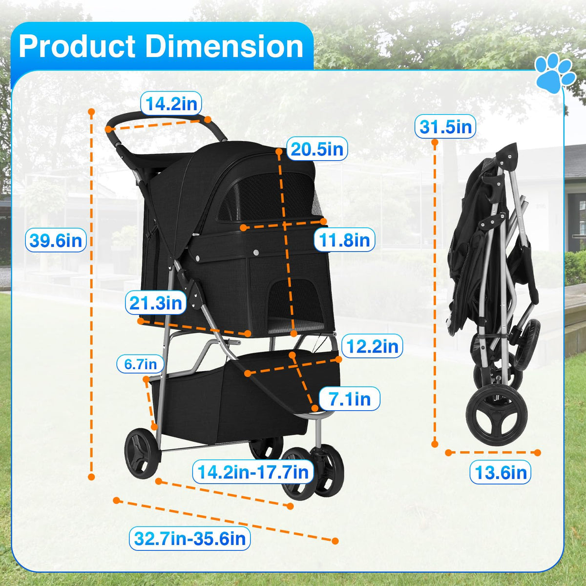 NChanmar 3-Wheel Pet Stroller Foldable Dog and Cat Stroller Black