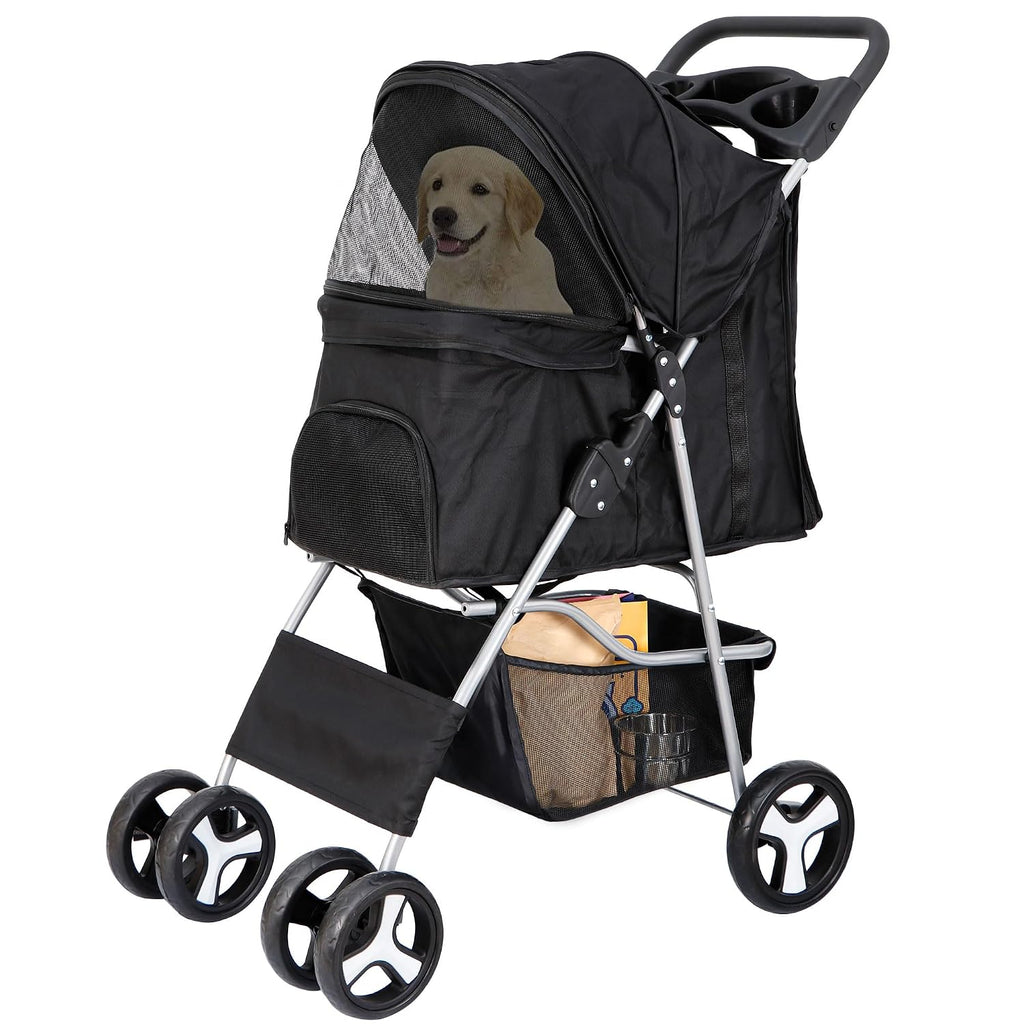4 Wheels Pet Stroller Dog Cat Stroller for Small Medium Dog Cats Foldable Carrier Jogger Travel Puppy with Storage Baske