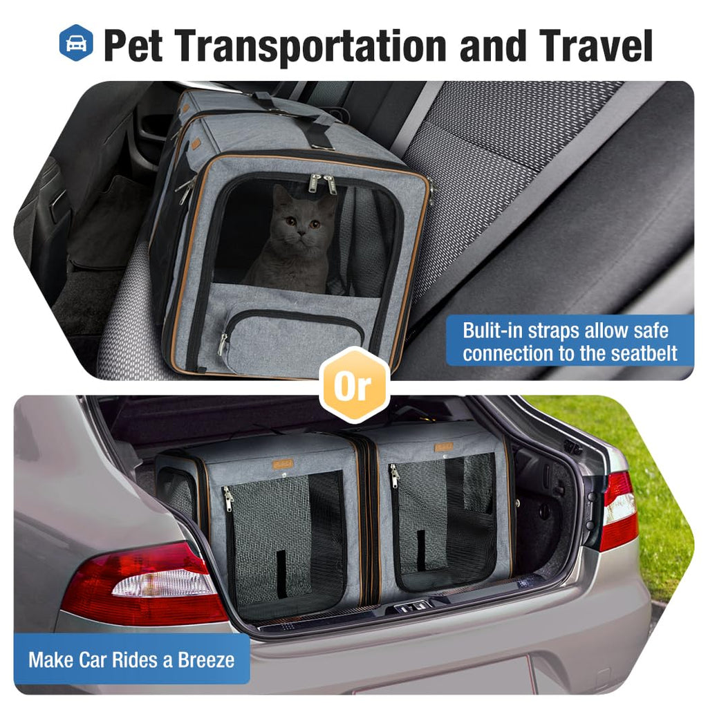Lekereise Soft-Sided Large Cat Carrier for 2 Cats with Litter Box, 2-in-1 Double Travel Carrier for Moving & Long Road Trips, Zipper Locks Escape Proof, (17.7" x2) x16.5"x13" - Grey