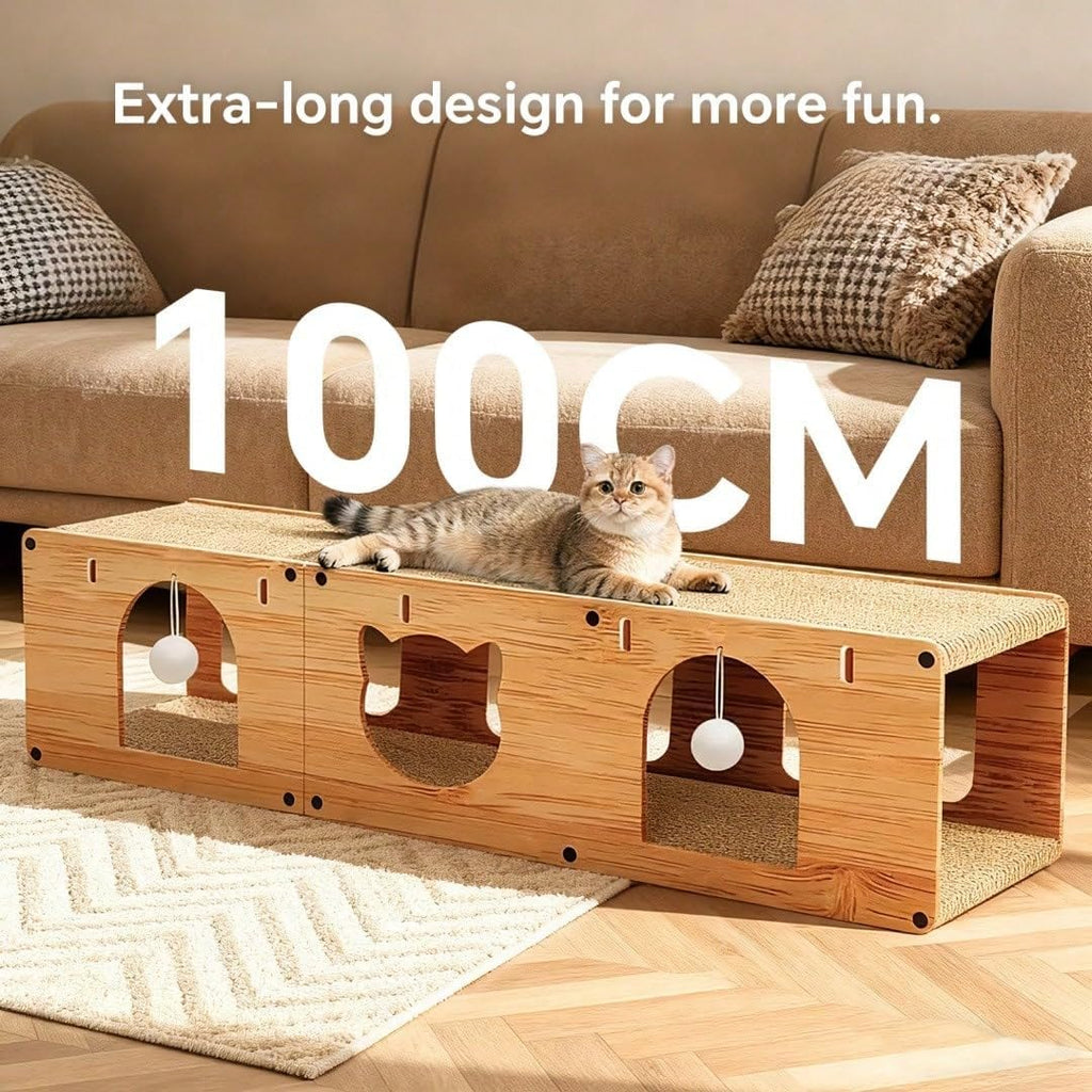 Cat Scratcher Bed, Wooden Extra Long 100cm Tunnel Hideout with Play