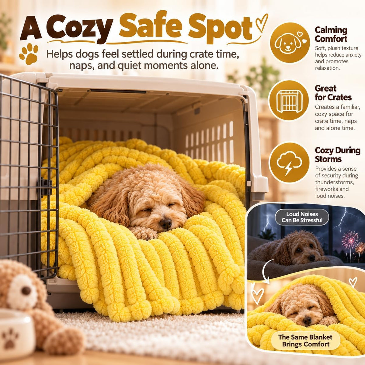 Emotional Support Dog Blanket, Yellow Soft Blanket for Crates Beds Travel (S)