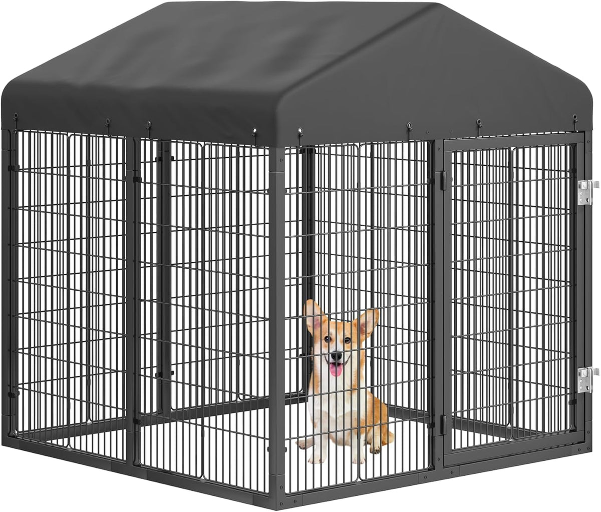 Petony Large Outdoor Dog Enclosure,Heavy Duty Dog Kennel with Roof,Galvanized Steel Dog Cage Fence with Double Safety Lo