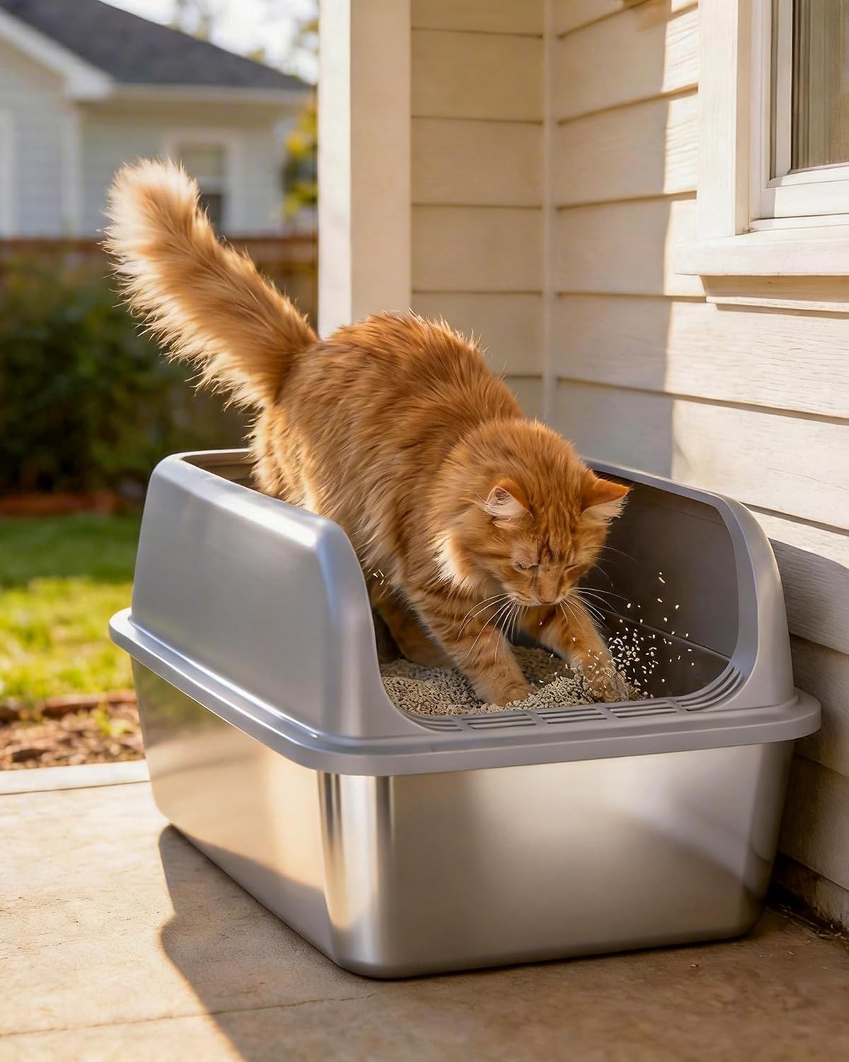 Powools Stainless Steel Cat Litter Box, High-Sided, Grey, M (1 Pack)