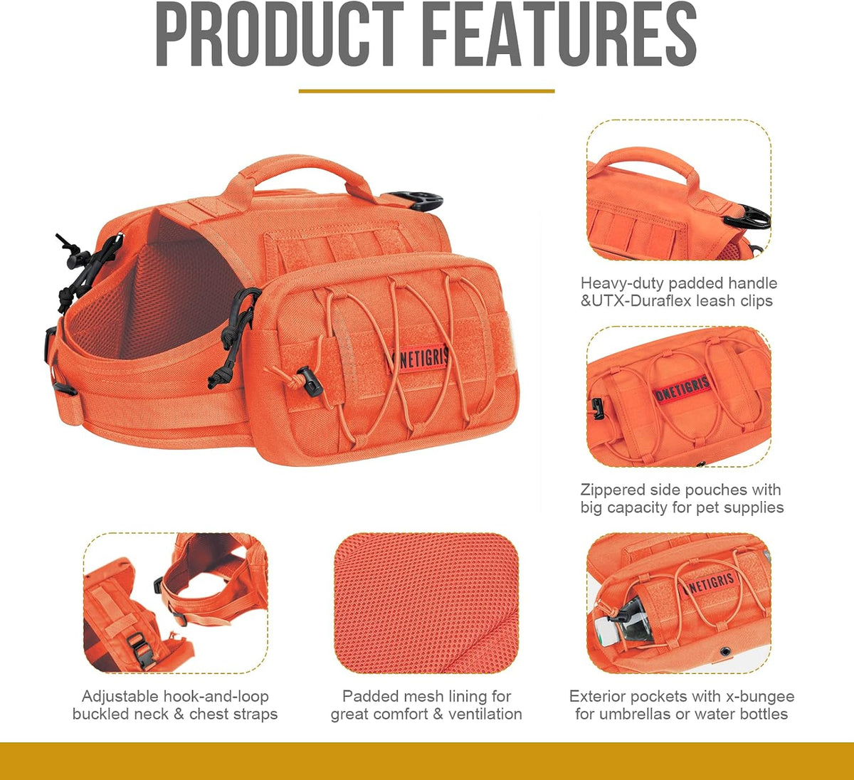 OneTigris Dog Backpack for Medium & Large Dogs, Mammoth Nylon Dog Pack Tactical Backpack Harness with Side Pockets for H
