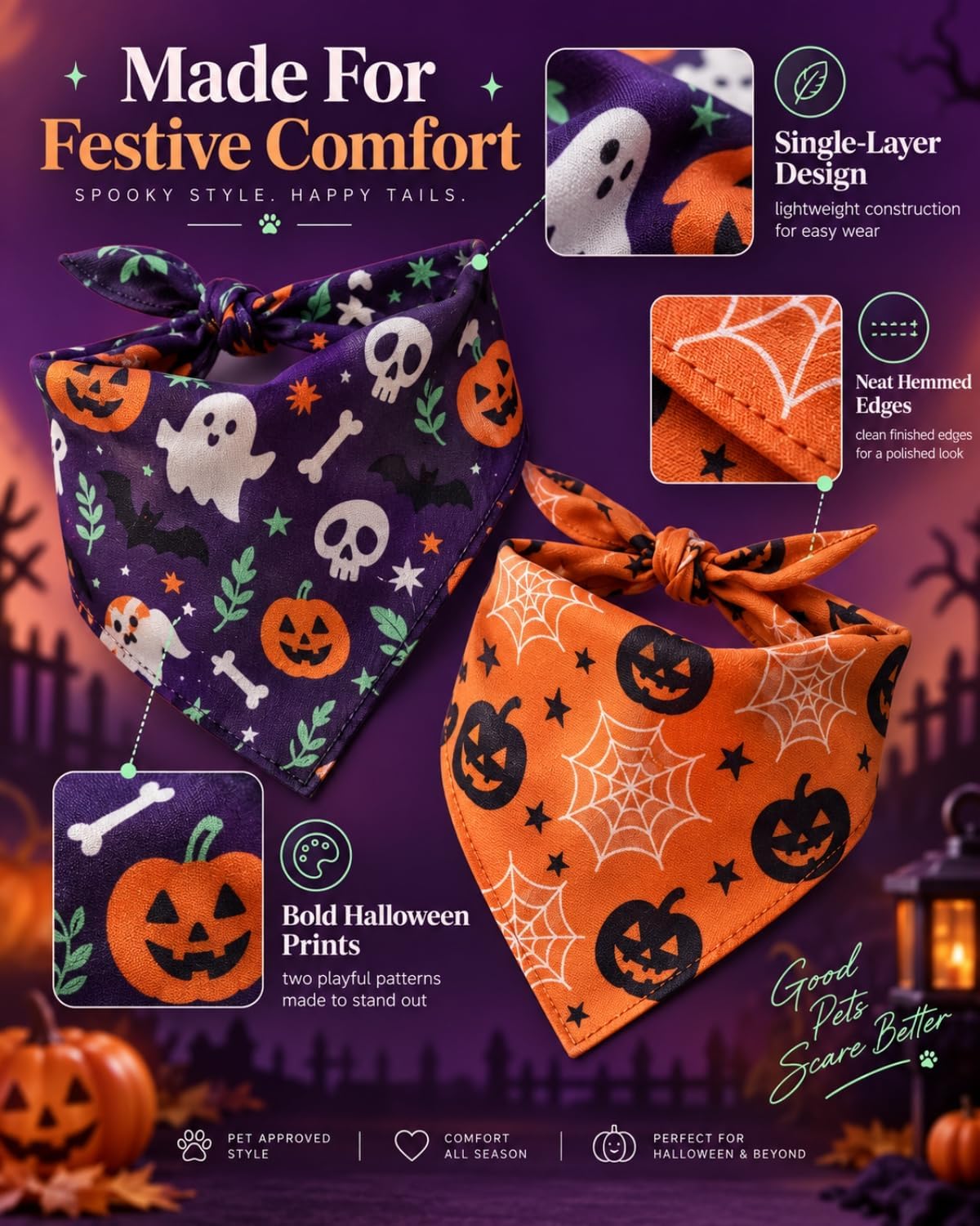 Halloween Dog Bandanas 2PCS Pumpkin Pet Scarf
