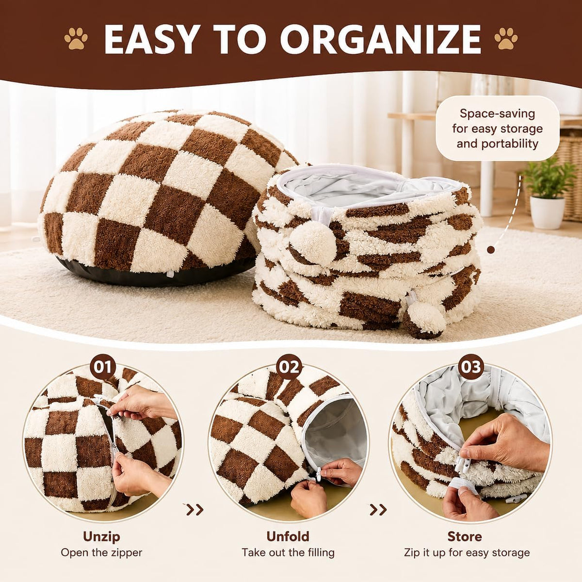 Cat Tunnel Bed with Washable Cushion for Indoor Cat, Donut Cave Tube Toys for Kitten Puppy Rabbit, Brown