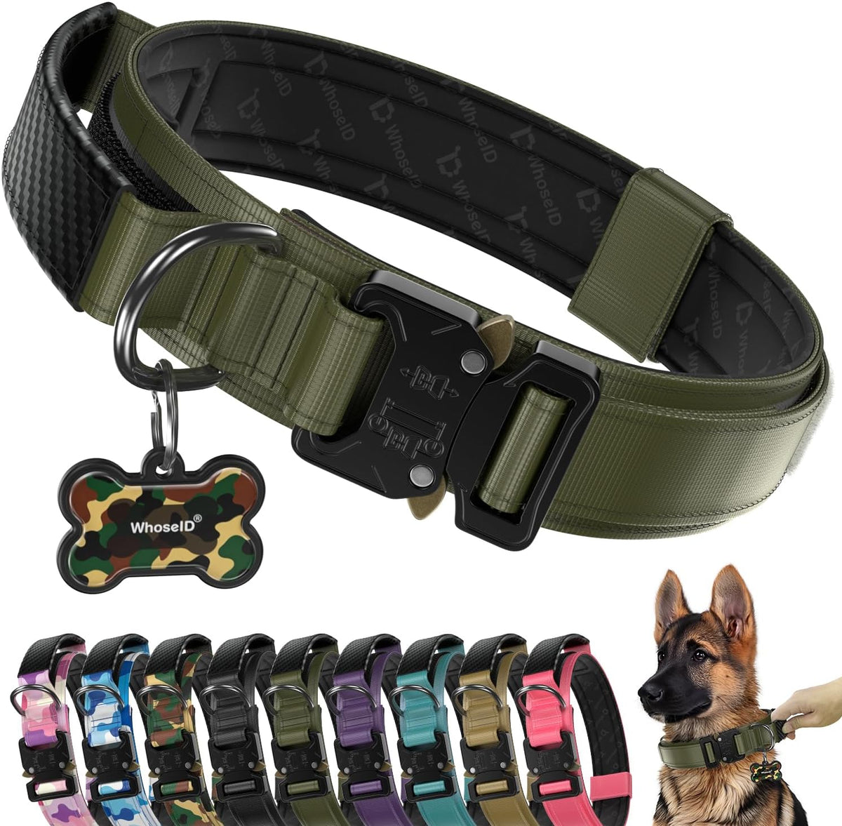 Tactical Dog Collar for Large Dogs with Leather Handle (Army Green, L)