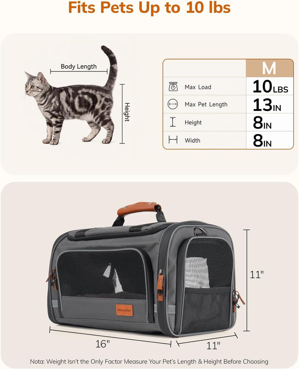Morpilot Expandable Soft Cat Carrier for Air Travel, 16 x 11 x 11in