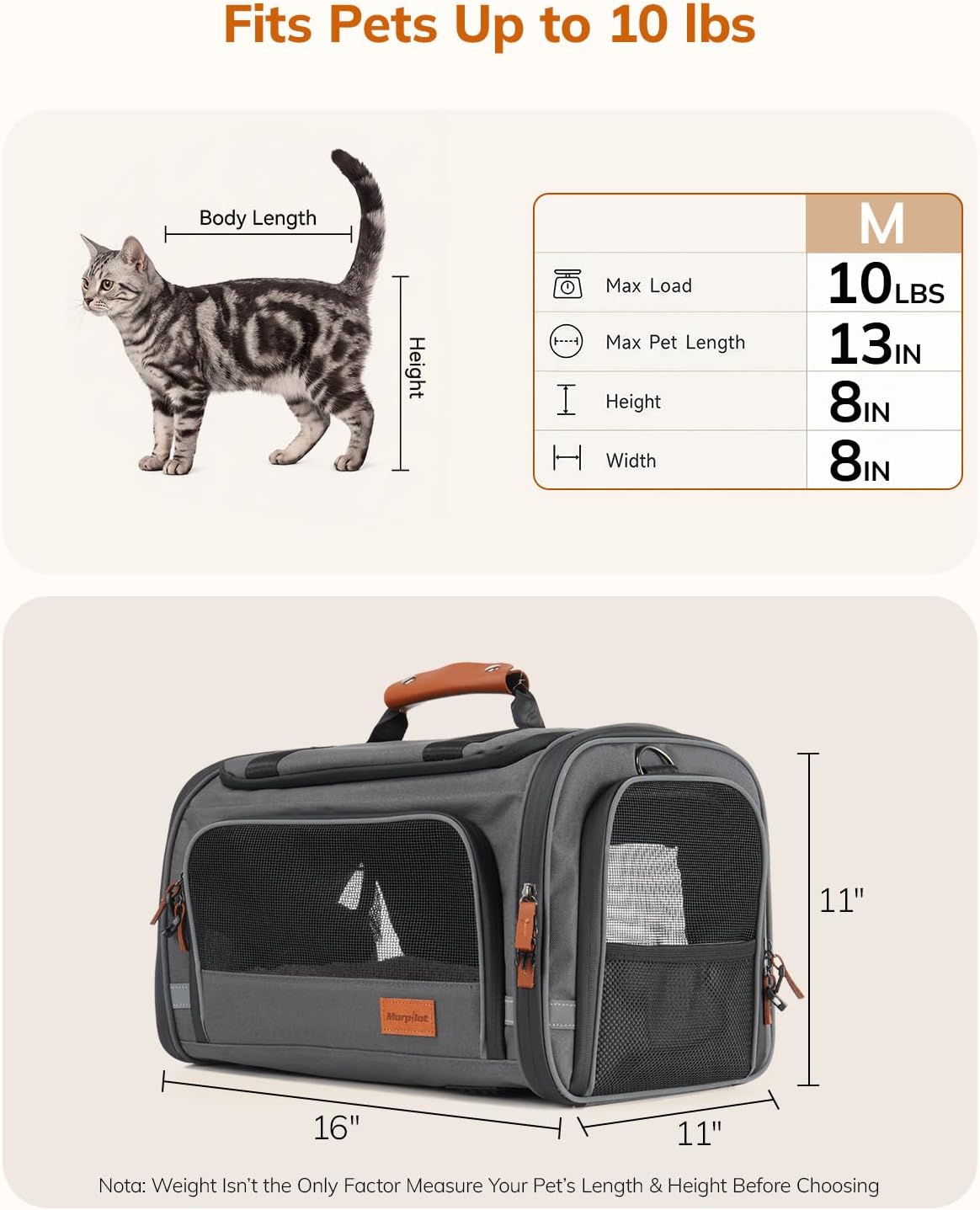 Morpilot Expandable Soft Cat Carrier for Air Travel, 16 x 11 x 11in