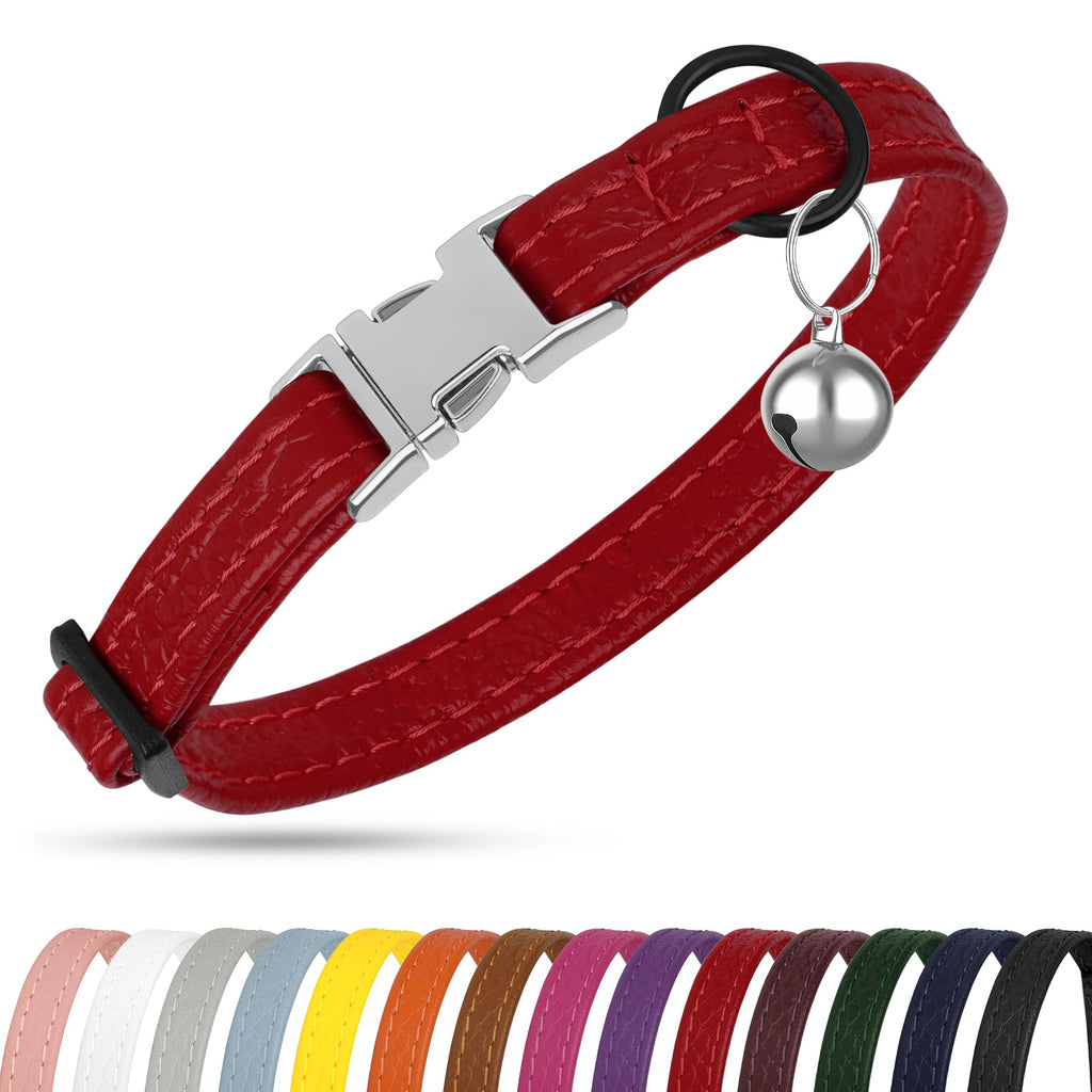 Leather Cat Collar with Buckle and Removable Bell - Non Breakaway Adjustable Soft Safety Small Pet Collars for Girl Boy Cats Kitten (Red)