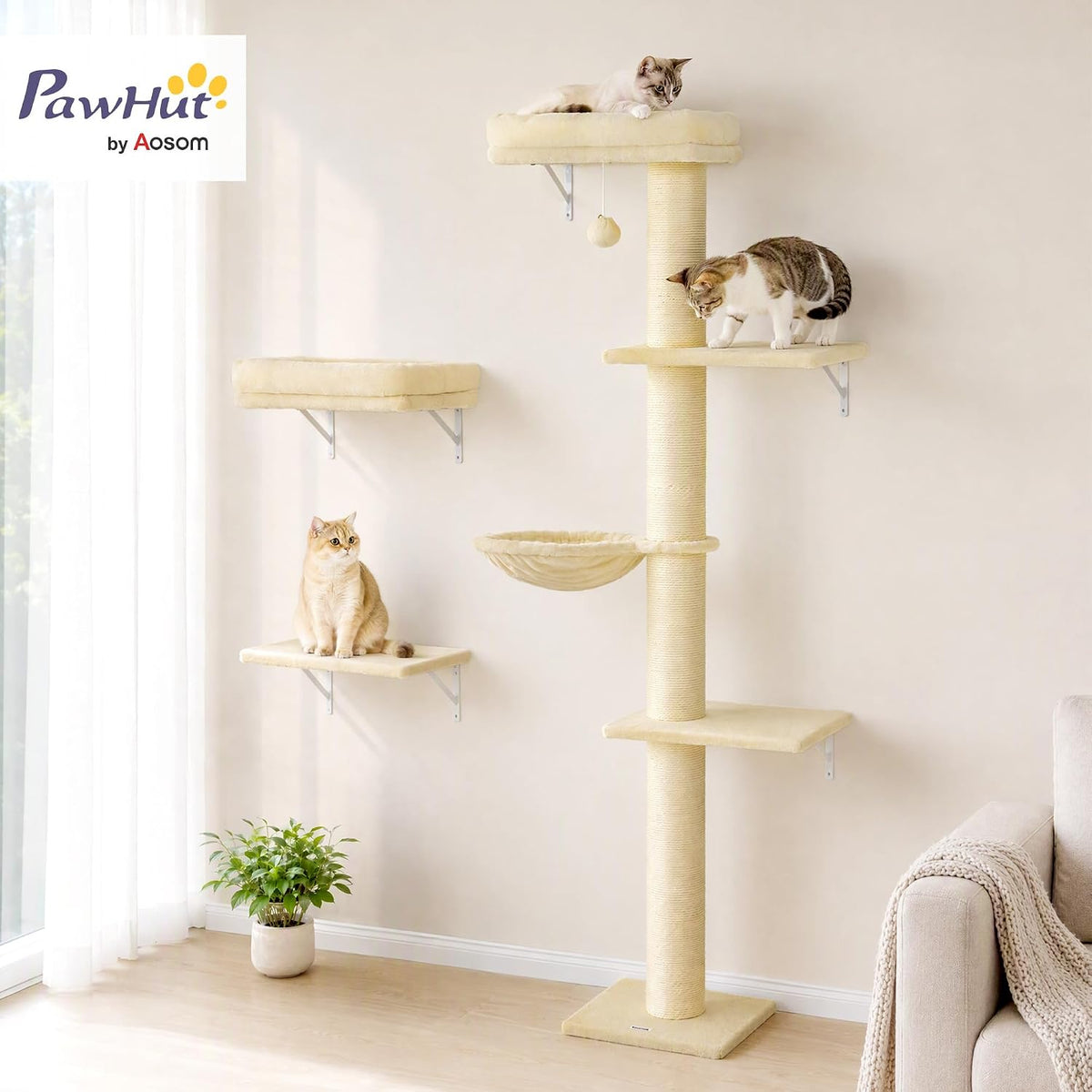 PawHut Cat Wall Shelves for Indoor Kittens Climbing Sleeping, Beige