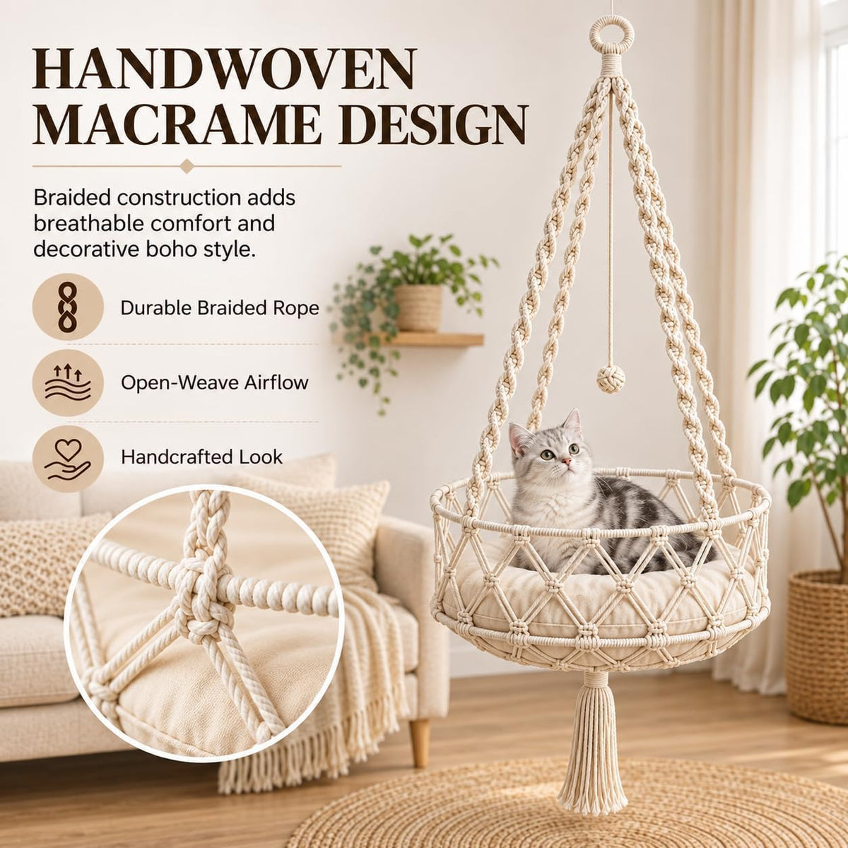 Macrame Cat Bed Hanging, Boho Hammock with Cushion for Indoor Cats (C,Diameter 50 cm)