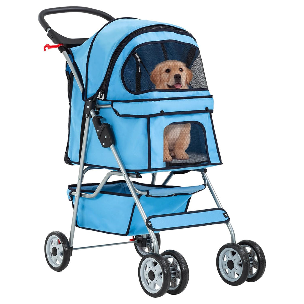 FDW Pet Stroller 3-Wheel Durable Foldable Cat Dog Stroller with Washable Liner Storage Basket Cup Holder,Dark Black