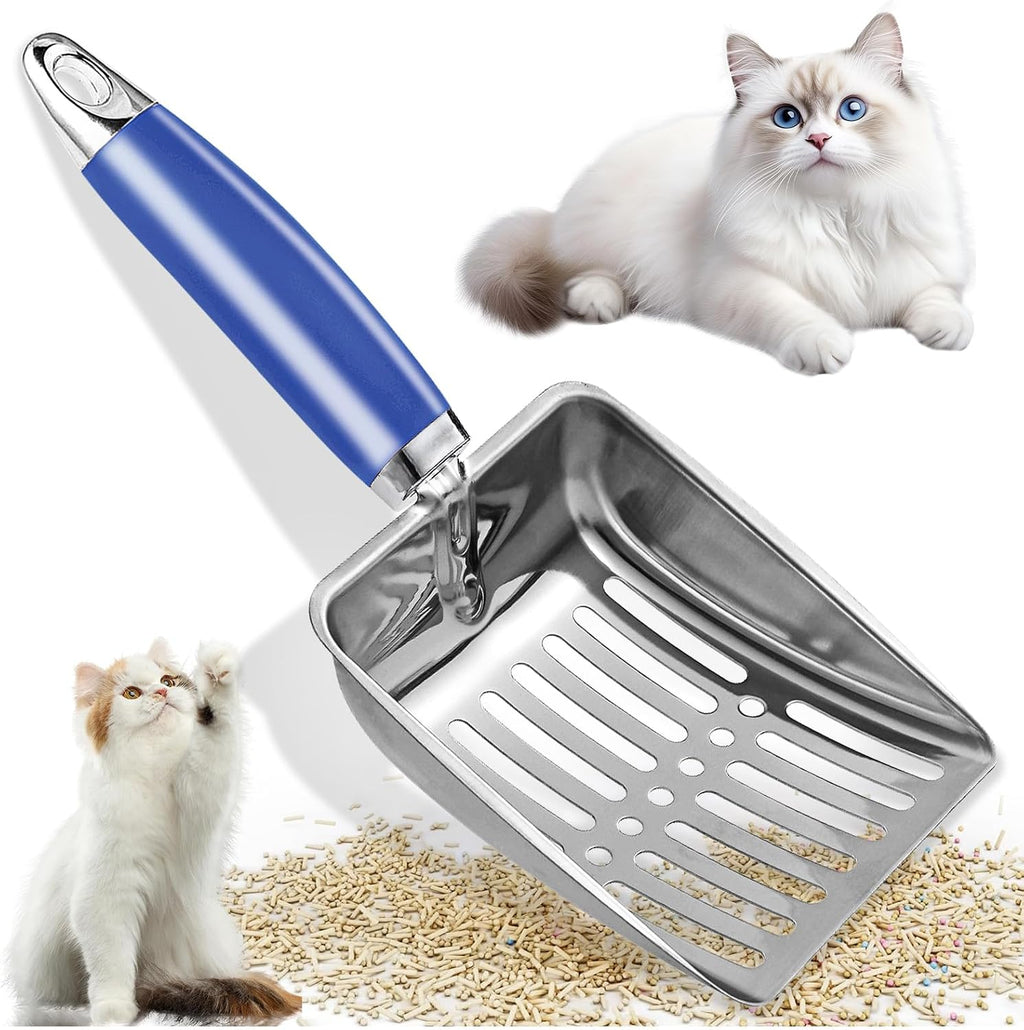 Cat Litter Scoop - Long Handle Scooper, Rustproof Stainless Steel Mesh, Non-Slip Grip, Deep Shovel Sifter for All Litter