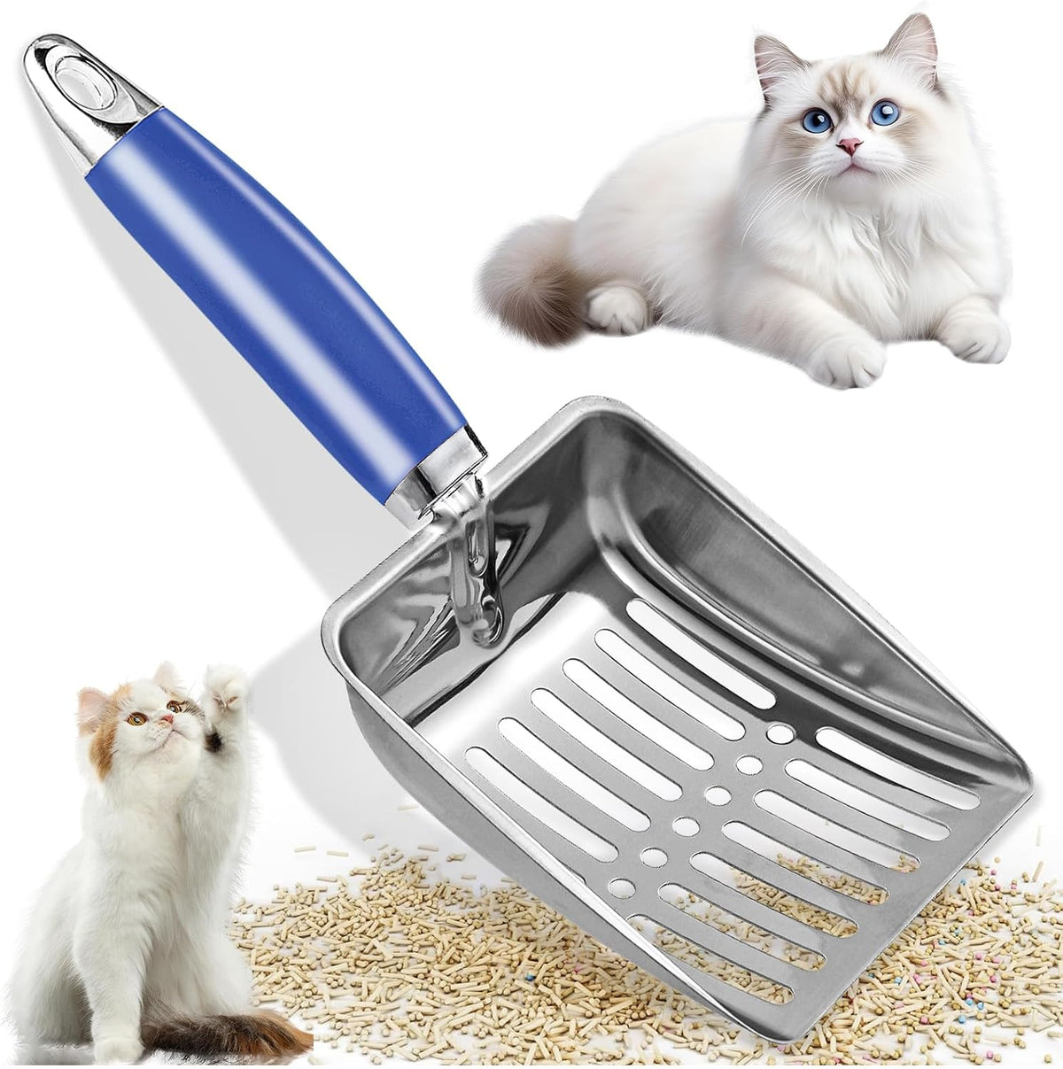 Cat Litter Scoop - Long Handle Scooper, Rustproof Stainless Steel Mesh, Non-Slip Grip, Deep Shovel Sifter for All Litter