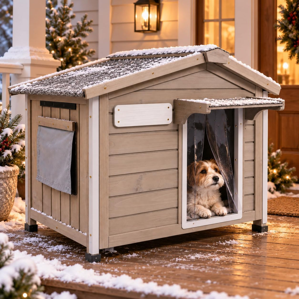 Dog House Outdoor with Reinforced Iron Frame Wooden Kennel