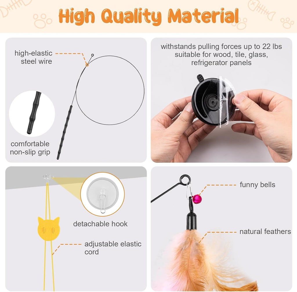 Cat Wand Toy, 15 Pcs Interactive Cat Feather Toys for Indoor Self Play & Exercise, 2 Play Modes Kitten Teaser Wand, Reus