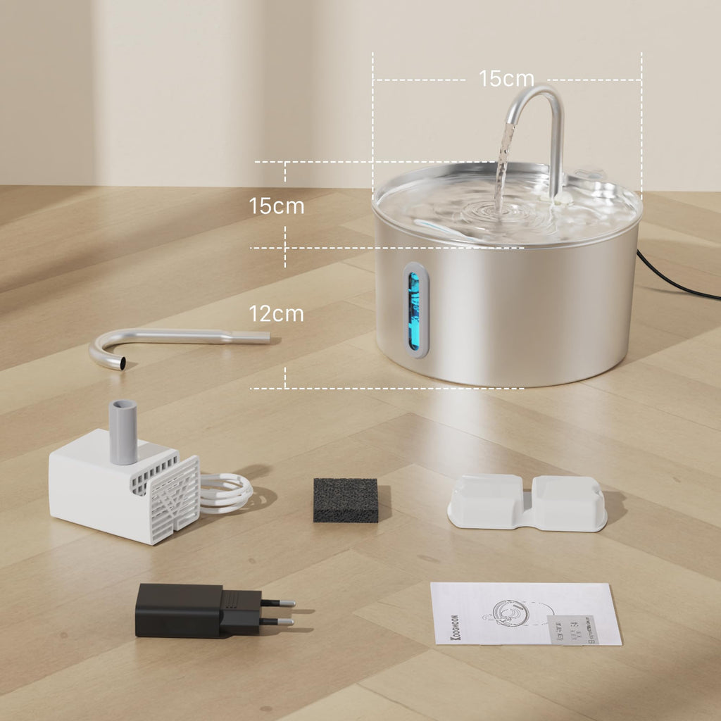 Cat Water Fountain Stainless Steel: 2.2 L Cat Fountain for Drinking - Automatic Pet Water Fountain for Cats Inside - Metal Cat Dog Water Dispenser Bowl with Faucet Water Level Window Ultra Quiet Pump