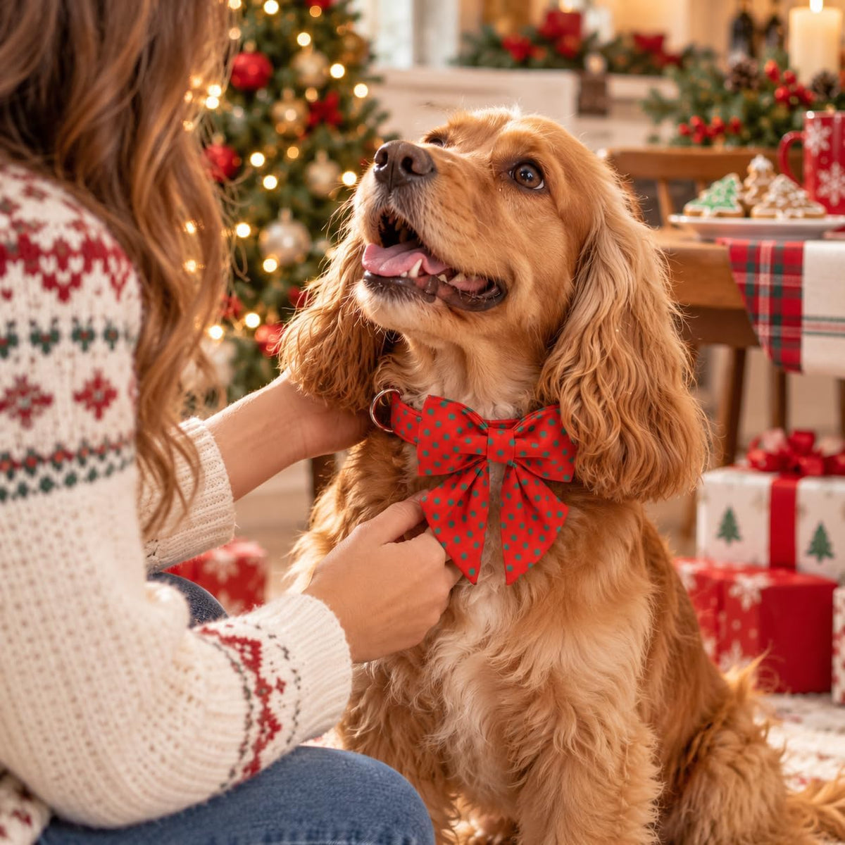 Christmas Dog Collar Bow Medium Girl Boy Dog-Red Polka M