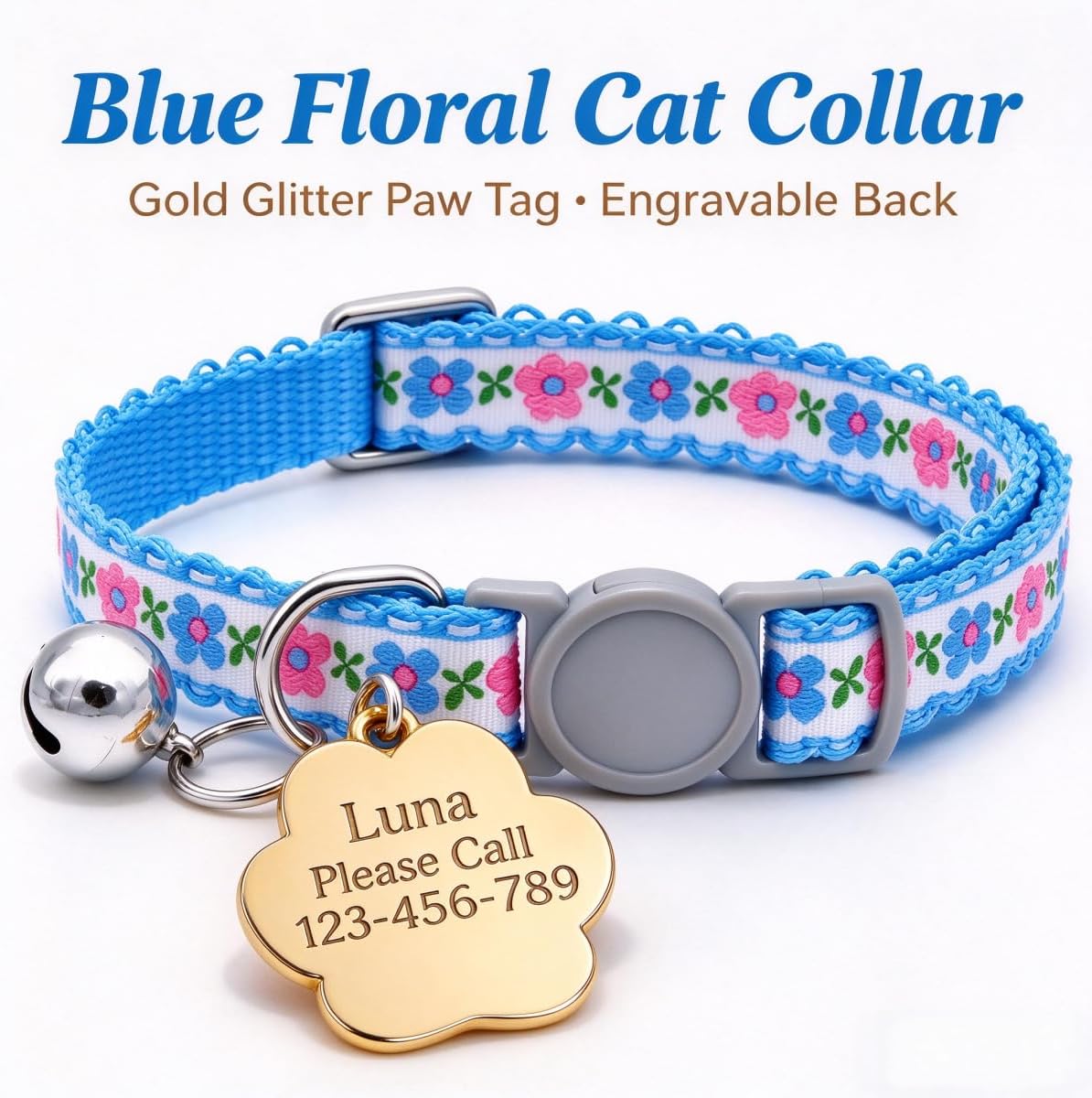 Personalized Breakaway Cat Collar with Name Tag, Embroidered Floral Collar