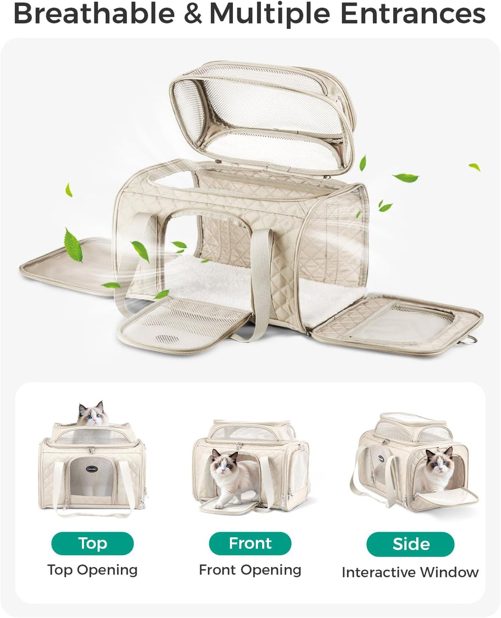 Airline Approved Cat Carrier with Expandable Top, 17x11x9.5in, Ivory White‌