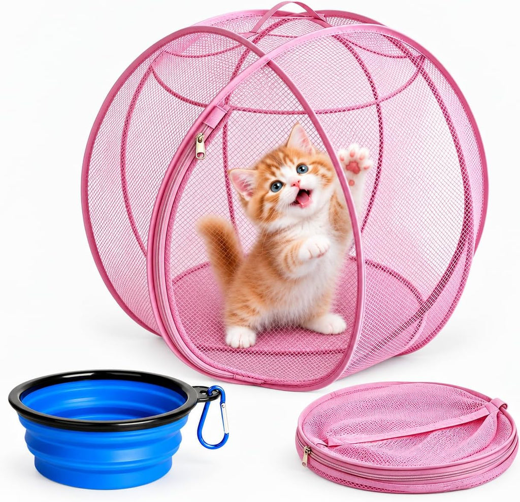 Outdoor Cat Playpen, 27-Inch Pop-Up Mesh Enclosure with Travel Bowl