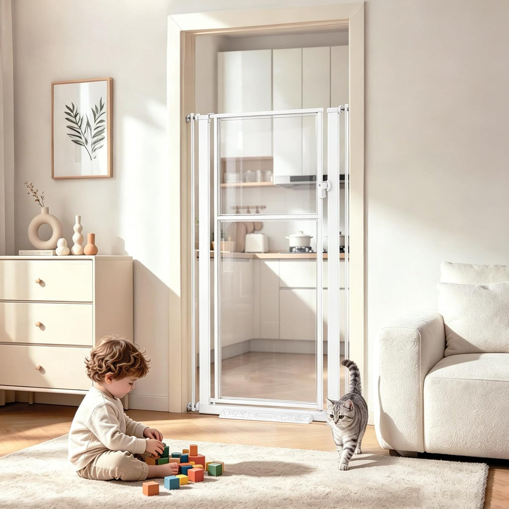 56" Extra Tall Clear Cat Gate, 29.5‑33.5" Wide Pet Gate for Doorways, White