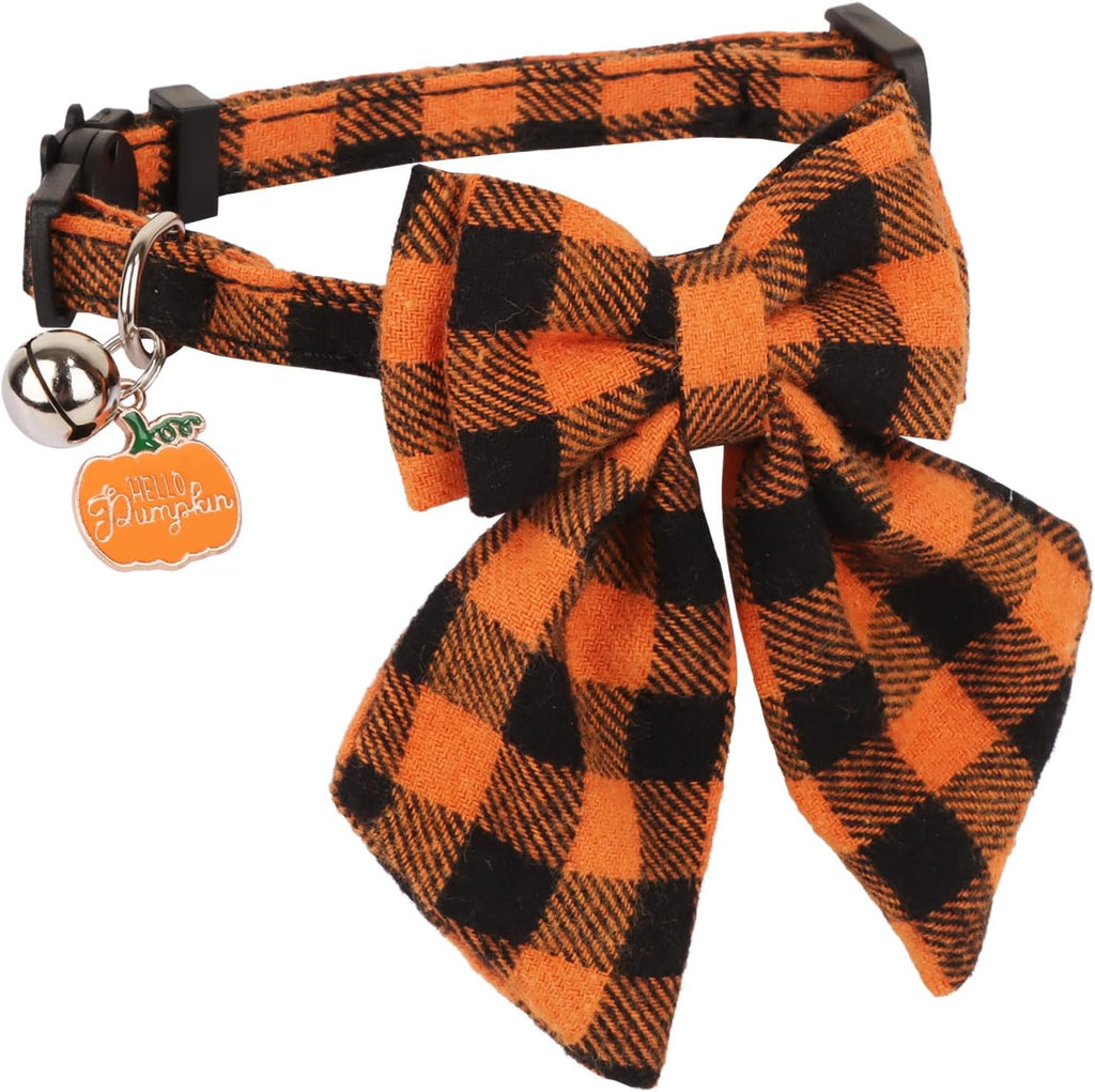 PTDECOR Fall Cat Collar with Stylish Bow, Thanksgiving Orange Plaid Collar